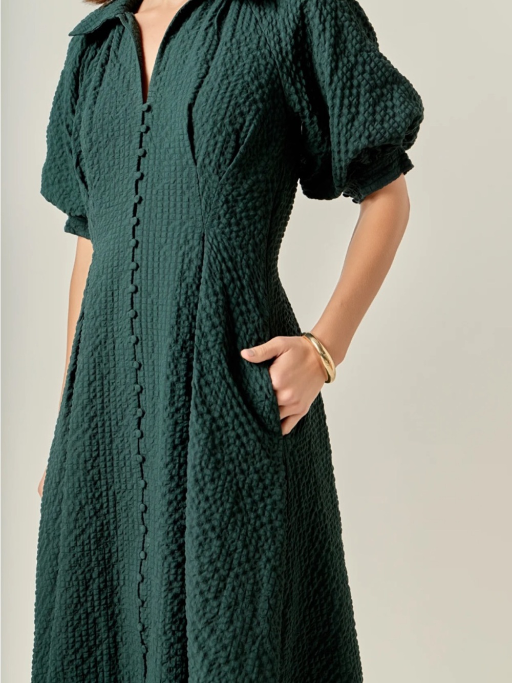 English factory Anthropologie Textured Forest Green Puff-Sleeve Dress S NWT